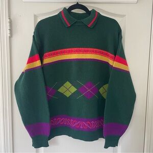 VINTAGE United Colors of Benetton Men's Green Argyle Stripe Collar Sweater L